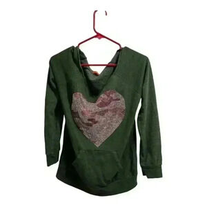 Butter Women's Green Pullover Hoodie M Beaded Camo Heart Design